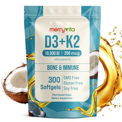 Vitamin D3 K2 300 Softgels  10000 IU & 200 MCG K2 MK7  300 Softgels- Plant Based
