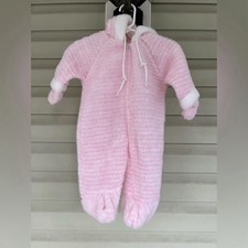 TEDDY BEARS Sz 0-6M Pink White Striped Fuzzy One Piece Bunting USA Made VTG 80s