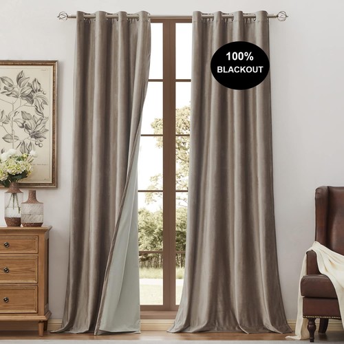 100% Blackout Velvet Curtains for Living Room 2 Panels, Tqupe Beige Ivory 96 ...