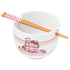 Silver Buffalo Hello Kitty Nissin Ceramic Ramen Bowl with Chopsticks, 20 Ounces