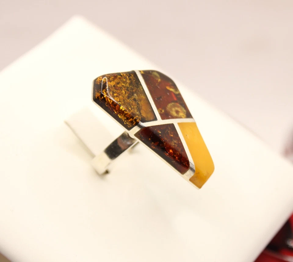 ANELLO ARGENTO AMBRA NATURALE TRIANGOLARE MM 29X23 MIS 14 GR.9,1 EXPLOIT - Immagine 4 di 4