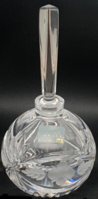 MIKASA Slovenia Unique Cut CRYSTAL PERFUME/OIL BOTTLE WITH STOPPER w/ leaves