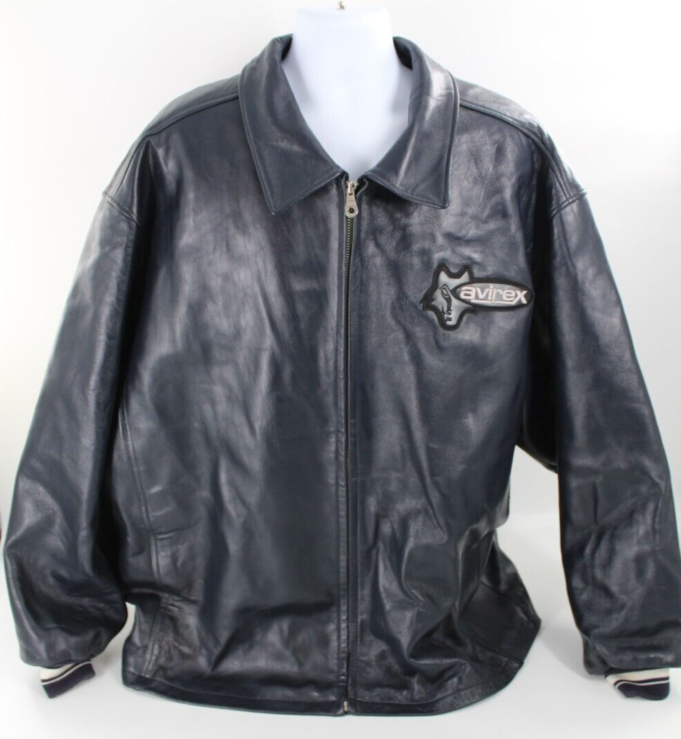 VTG Avirex Wolf Face Blue Leather Jacket Men's 4XL 90's Hip Hop