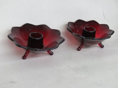 Fenton style 3 Footed Ruby Red Glass Candle Stick Holders a Pair 4037B