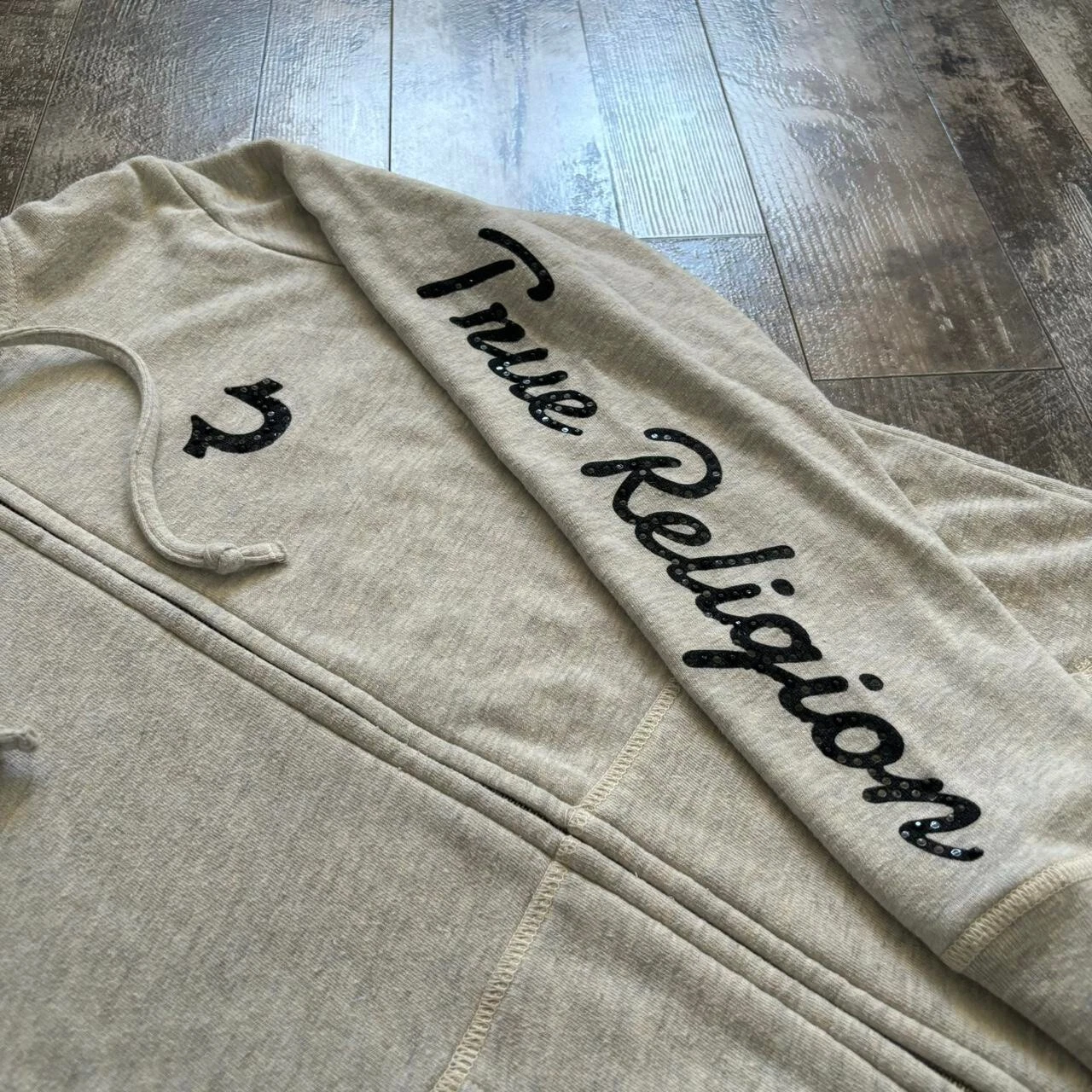 OFF WHITE Felpa con cappuccio e zip Buddha logo vera religione panna donna vintage Y2K taglia large