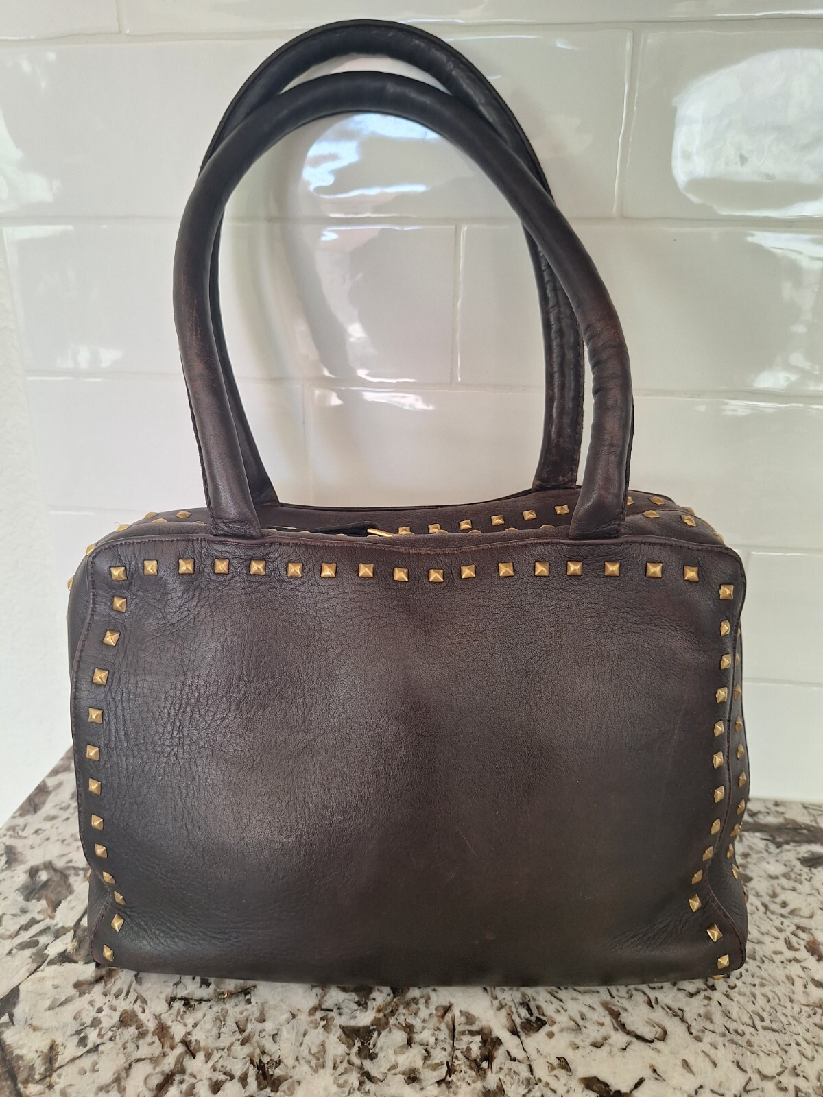 Calleen Cordero Lennox Brown Leather Studded Tote Bag with Shoulder Strap