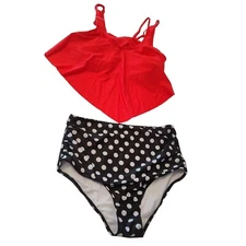 Adisputent Two Pc Bikini Swim Set Handkerchief Top Size XL Red Black Polka Dot 