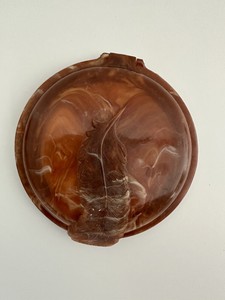 Royal Plume vintage powder puff in case with feather etching