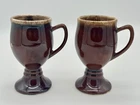 Vtg HULL USA Pottery Brown Drip Glaze Irish Coffee Mug Cup Pedestal Goblet PAIR