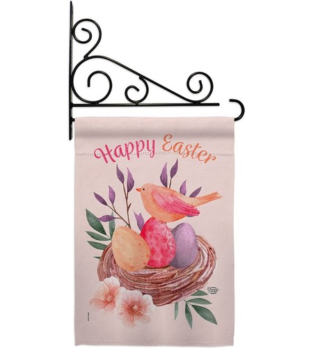 Pink Easter Garden Flag Set Wall Holder Springtime Happy Bunny Egg Christian ...