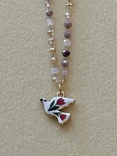 Cottage Core Enamel Floral Dove Charm On Pink Lavender Crystal Chain Necklace