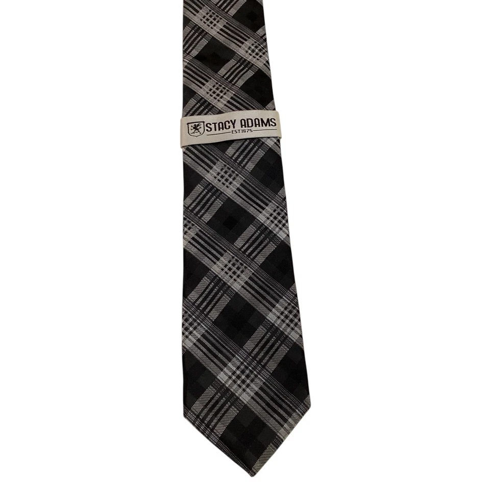 STACY ADAMS Men's Necktie & Pocket Square Set Designer PLAID Black/Gray NWT - Image 2 of 4