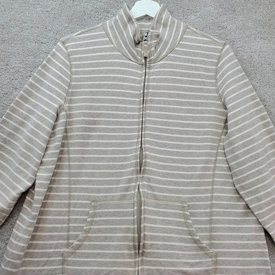 L.L.Bean Sweatshirt Womens 1X Plus Tan Nautical Striped Knit Mock Neck Full Zip