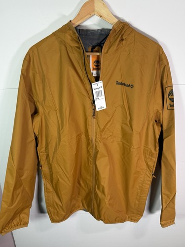 Timberland Mens Medium Hooded Rain Jacket Wheat Packable Windbreaker NWT