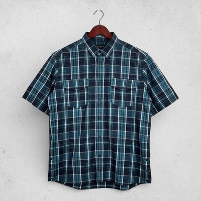 Karrimor XXL Plaid Short Sleeve Shirt Teal Blue Snap Front Outdoor Hiking Casual