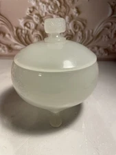 Antique Footed Opaline Clambroth Glass Covered Candy Dish or Powder Jar Embossed