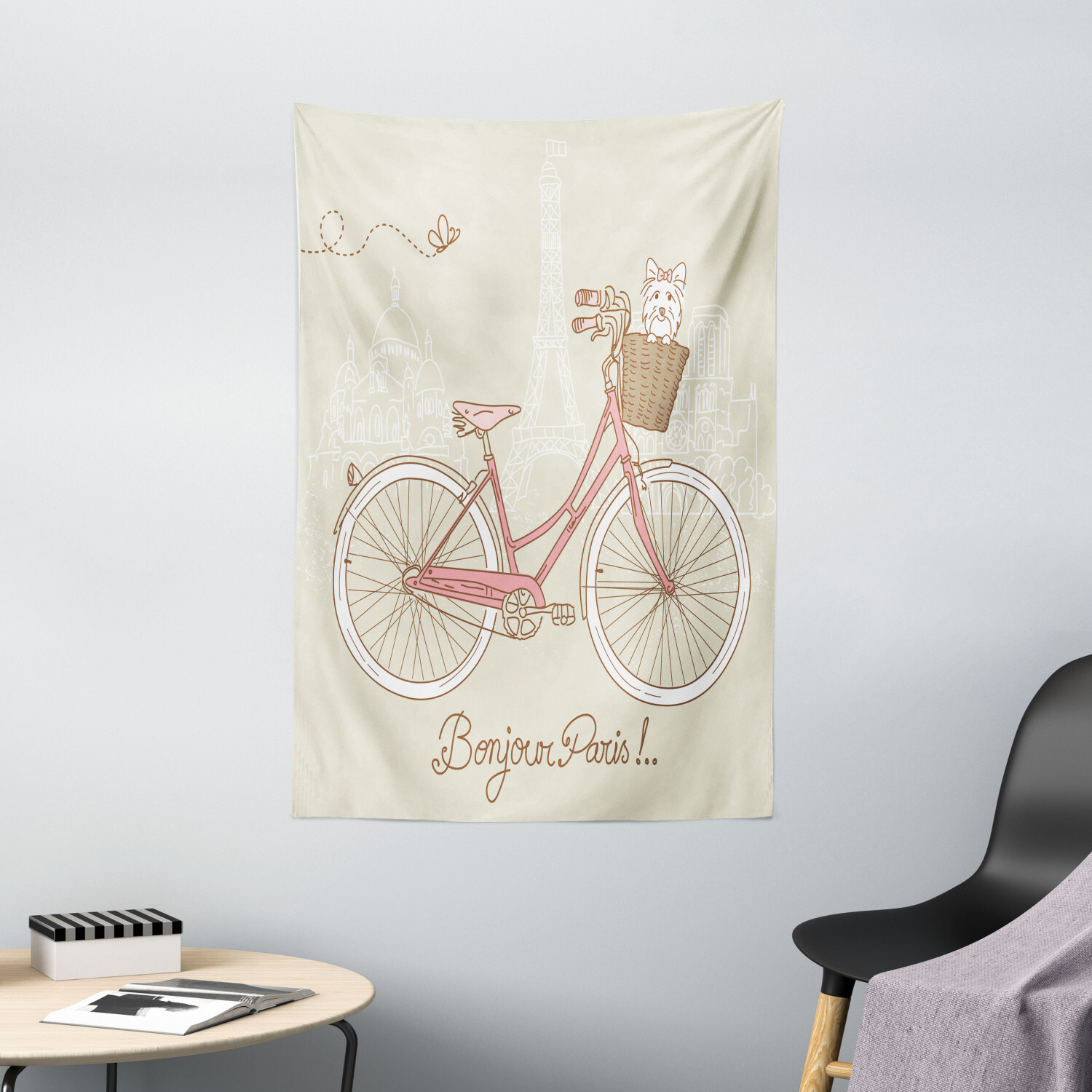 Dog Tapestry Postcard from Paris Bicycle Print Wall Hanging Decor