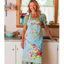 April Cornell Cottage Rose Chef 100% Cotton Apron Sky Blue Pink Rose Green