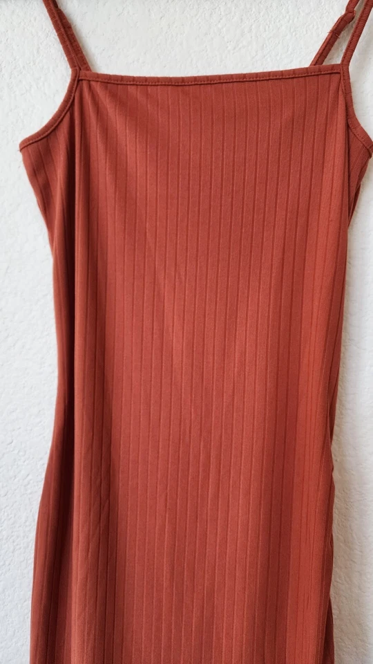 Vestido Urban Outfitters Nuevo Talla Pequeña XS Naranja Óxido Ruche Acanalado Cordón Foto 3 de 4