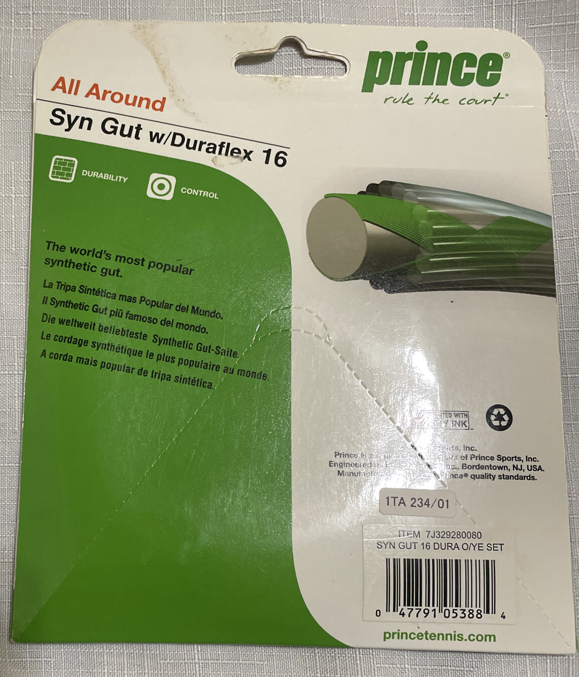 PRINCE SYNTHETIC GUT WITH DURAFLEX 16G, 1.30mm, 40ft TENNIS STRING, YELLOW