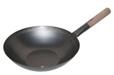 Padella Wok 30 cm Ø Cina Gastronomia Fondo Piatto Acciaio Carbonio Manico Legno Gas He