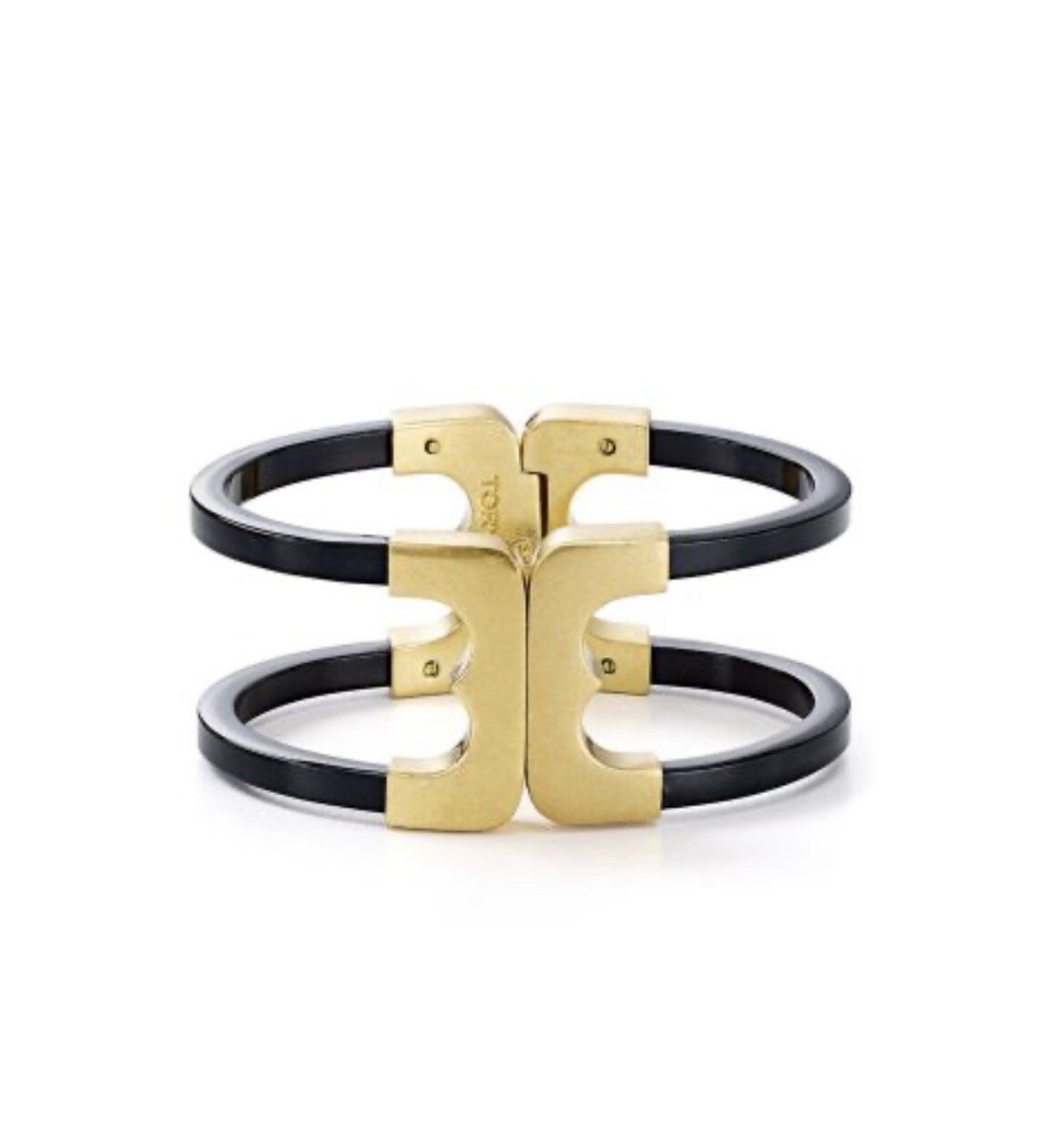 Tory Burch Gold Gemini Link Black Resin Hinge Wide Cuff