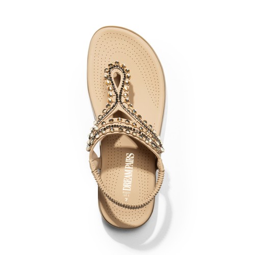 Women Elastic T-Strap Thong Sandals Rhinestone Comfortable Beach Flat Sandals - Picture 21 of 22