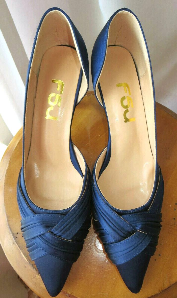 FSJ POINTY TOE STILETTOS HEELS SLIP ON PUMPS NAVY BLUE PLEATED