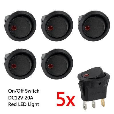 5PC 12V 20A ON/OFF Round Rocker Dot Red LED Light Toggle Switch for Car Boat Van