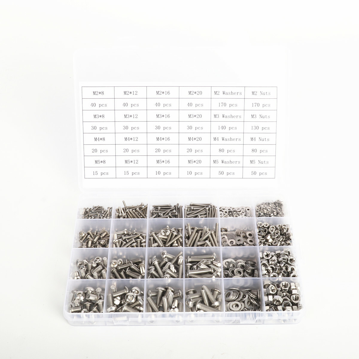 1280 Piece Stainless Steel Screw Assortment - M2 M3 M4 M5 Button Head Kit