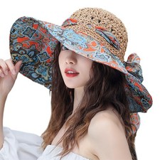 Women's Anti-UV Wide Brim Beach Hat Flower Floppy Foldable Roll up Cap