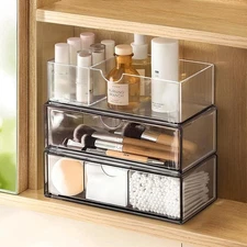   3-piece cabinet storage box set, plastic stackable storage box with 2 drawers,