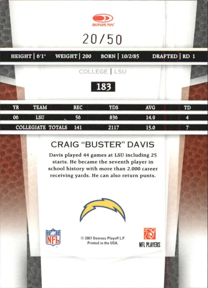 2007 Leaf Certified Materials Mirror Blue #183 Craig Buster Davis /50 FB - Image 2 of 2