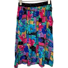Vintage Bright Floral Geo Print Midi Skirt - Women's Size M Petite