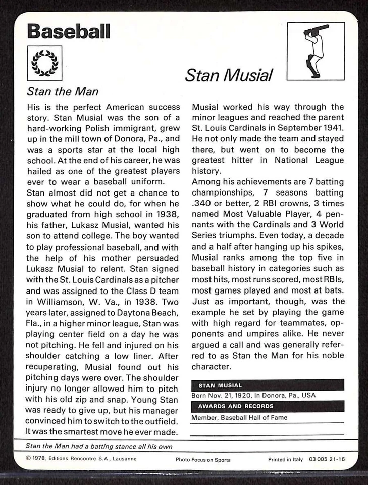Sportscaster #2116 1977 Stan Musial serie 21 béisbol casi nuevo D91735 Foto 2 de 2