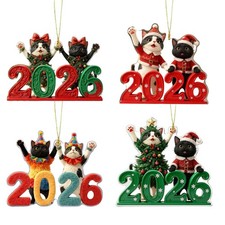 2pcs Christmas Tree Ornament 2D Acrylic Cat 2026 Pendant Hanging Decoration