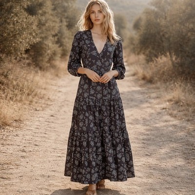 boho wrap maxi dress CHRISTY DAWN The Noah Size XS Noir DaisyVine Coastal Cowboy Navy Satin Maxi - Category: MINI DRESS Earthbound Floral dresses Size:MOM-XL