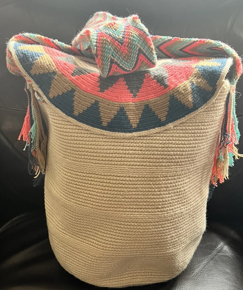 BLUE SALMON PINK Boho Wayuu handmade mochila hobo crossbody bag STARBURST multi - Image 3 of 4