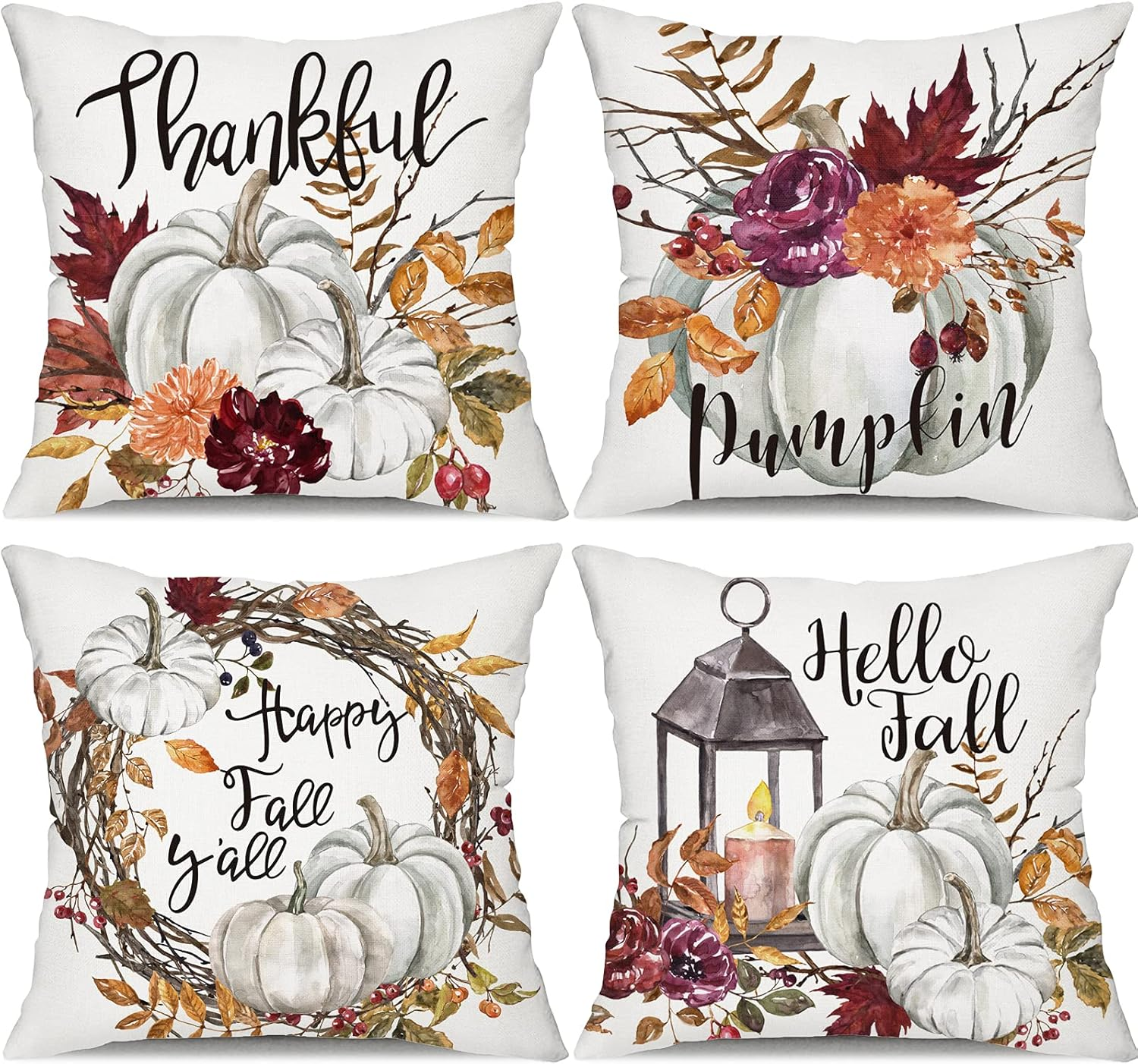 Set of 4 Watercolor Fall Pumpkin Pillow Covers 18x18 for Cozy Decor-image