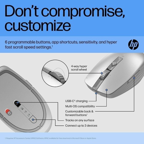 HP 710 Rechargeable 6E6F1AA Silent Silver Bluetooth Mouse - Picture 9 of 24