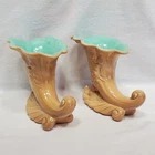 VIntage Red Wing Pottery Vase #1097 Art Deco Cornucopia Leaf  5.5” Gold And Teal