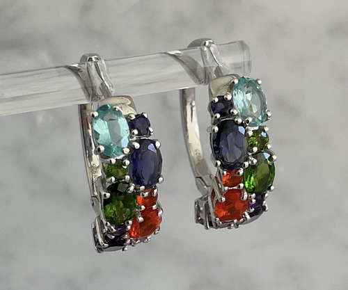 Schöne echte Multi Edelstein Creolen 6,15 ctw 925 Sterling Silber