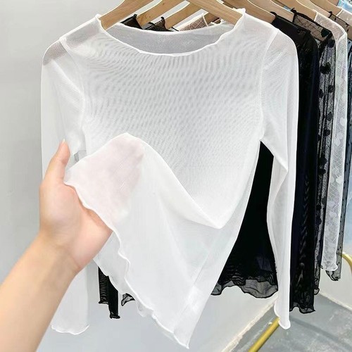 Women Summer Transparent Sunscreen Sand T-shirt Long-sleeved Perspective - Picture 14 of 16