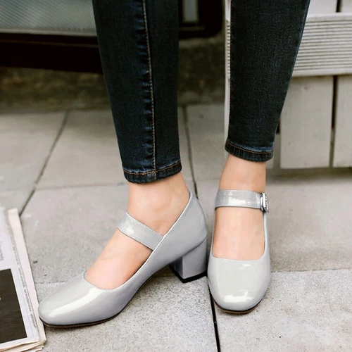 Women's Mary Jane Shoes Fashion Chunky Mid Heel Pumps Patent Leather Shoes Size - Picture 12 of 29