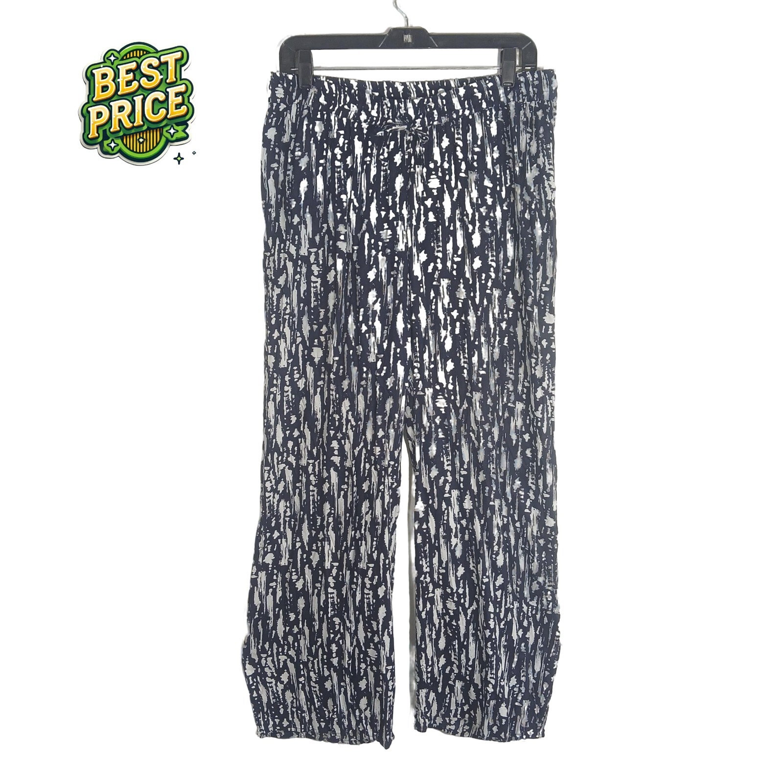 Cupio Women's M Wide-Leg Pants 🖤 Blue White Abstract Print, Viscose