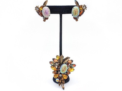 Set spilla e orecchini vintage ALICE CAVINESS lamina arte vetro topazio strass - Foto 3 di 8