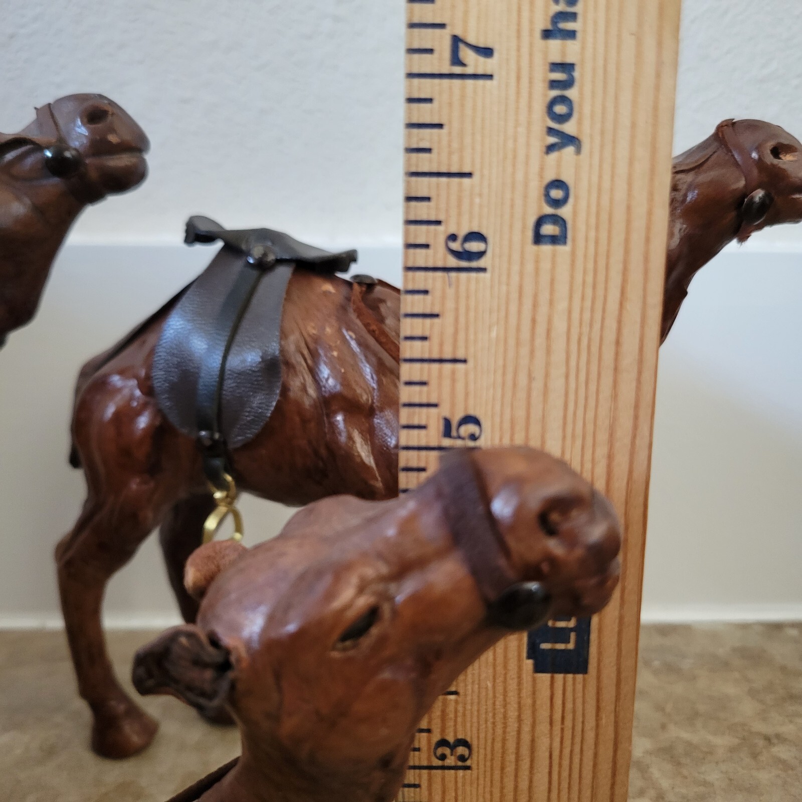 3 Vtg Leather Wrapped Dromedary Camel Figurines Nativity with Saddles Handmade