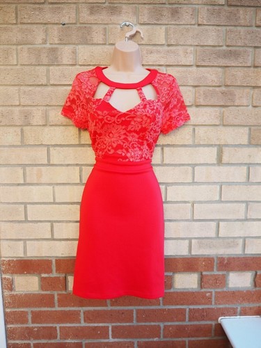 PARTY RED LACE CUT OUT NECK SHORT SLEEVE BODYCON PARTY COCKTAIL DRESS 10 S - Picture 4 of 5