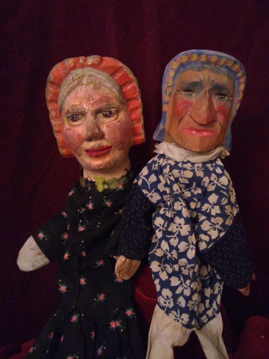 Antique Pair of French Punch Judy hand held carved wooden