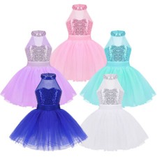 Kid Girls Ballet Leotard Dress Sleeveless Sequins Mesh Splice Jumpsuit Dancewear